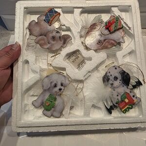 The Bradford Editions  Heavenly Waggn Tails‎ Angel Dog Porcelain Ornaments 4pc